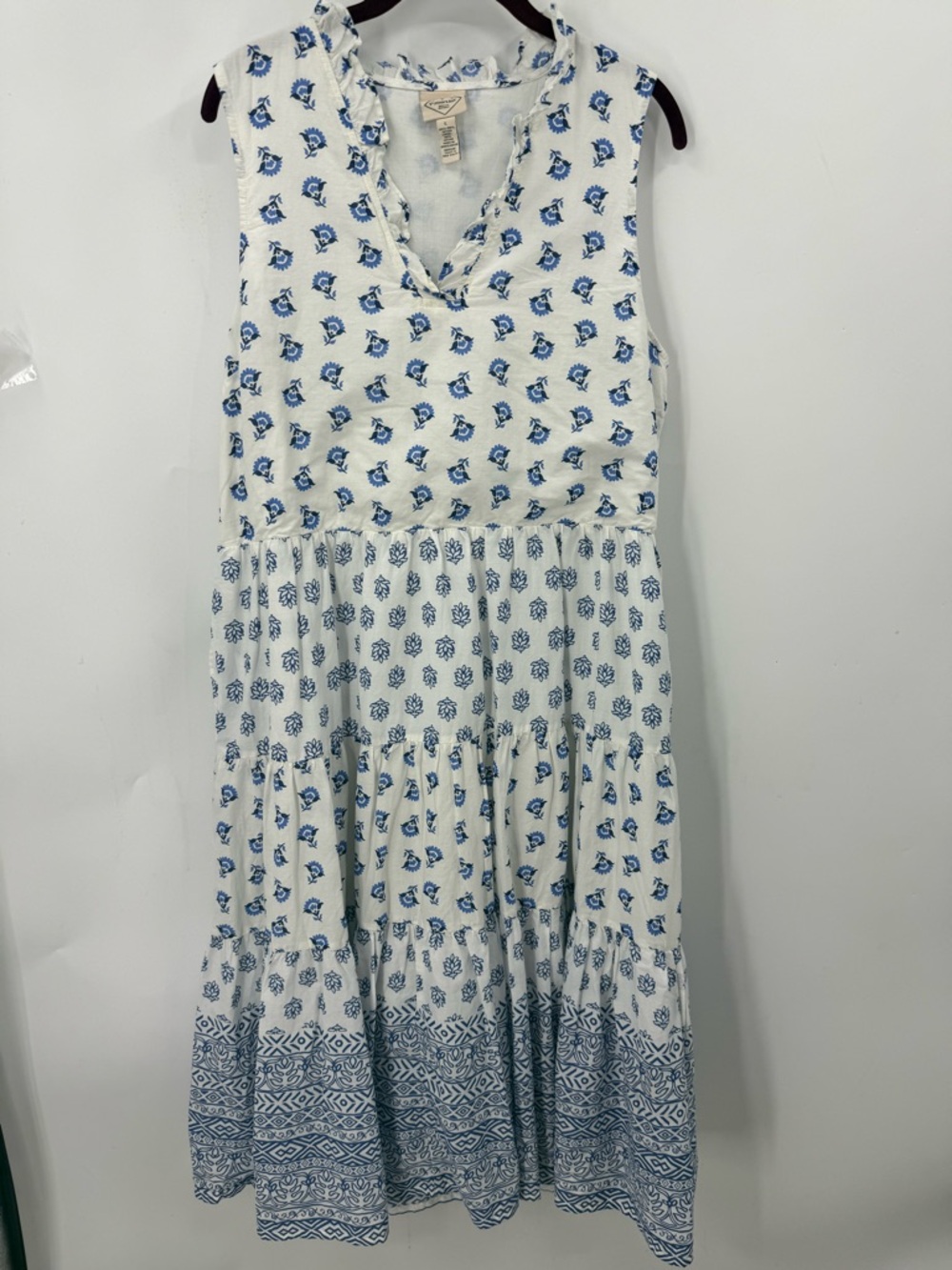 St. John's Bay sleeveless tiered midi blue white floral geometric print dress L